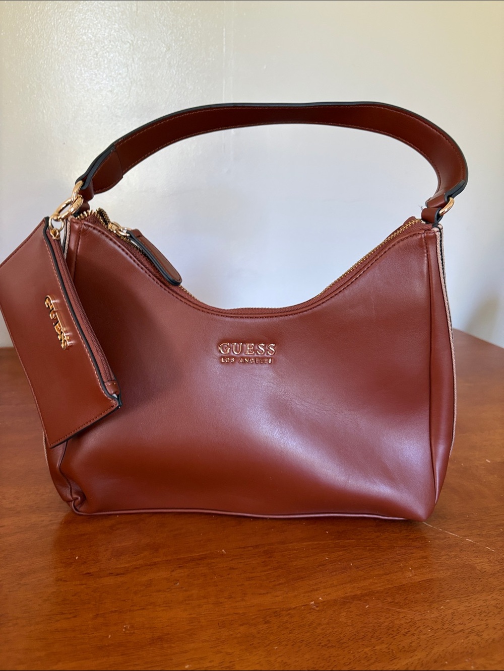 GUESS Chestnut Brown Shoulder Bag with Gold Logo